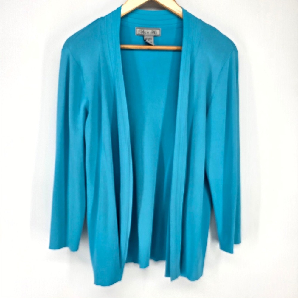 Arch Hill Cardigan Women M Teal Blue Ribbed Knit Open Front Sweater 9449 - Picture 2 of 4